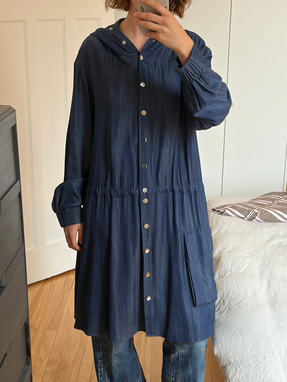 TIBI Chambray Navy Button-Front Hooded Jackrt